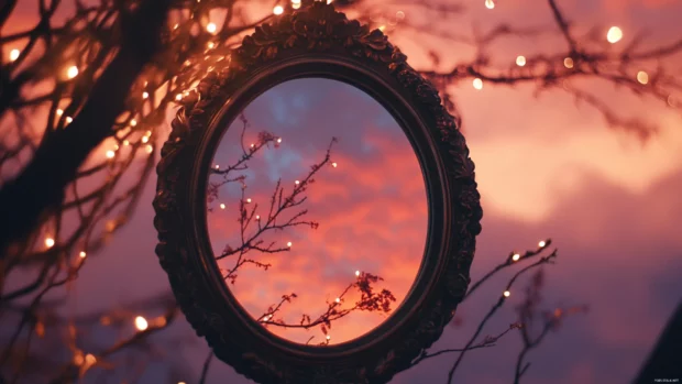 Vintage mirror reflecting a pink sky with glowing fairy lights.