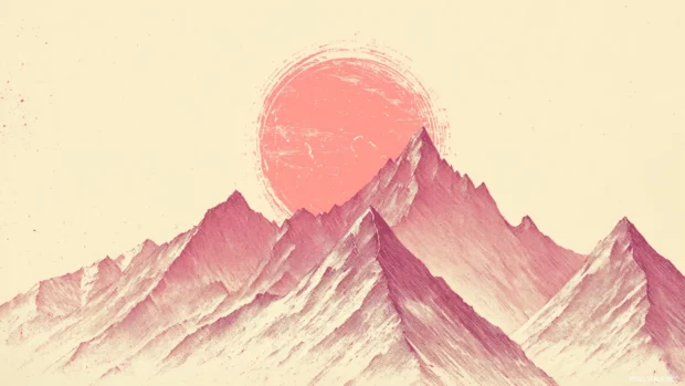 Vintage mountain linework with pink aura and halftone texture.
