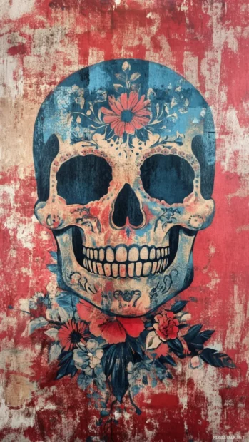 Vintage painted Mexican skull wallpaper in faded reds and blues.