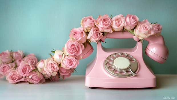 Vintage pink telephone with roses wrapped around the cord.