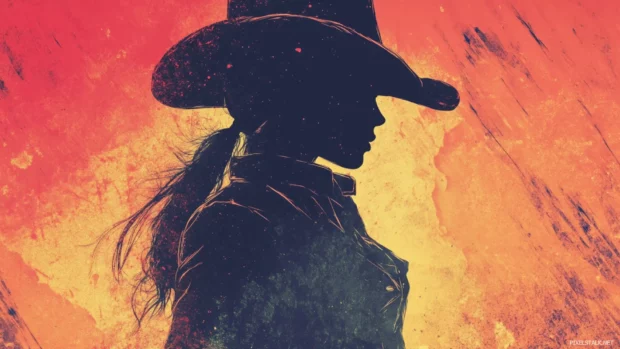 Vintage poster style cowgirl wallpaper 4K with bold text and dusty trails.