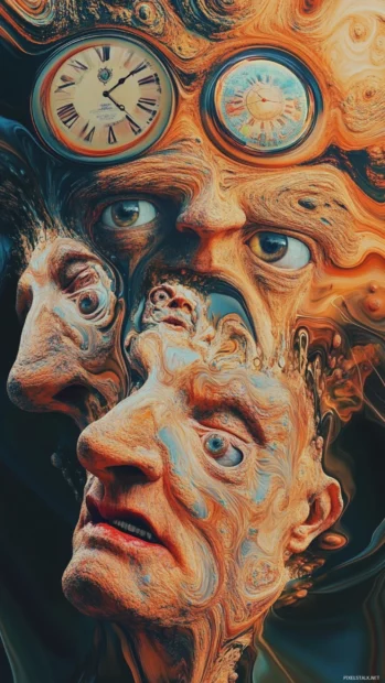Vintage psychedelic phone wallpaper, with melting clocks and distorted faces, a surreal iPhone background.
