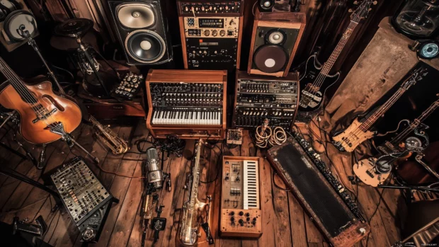 Vintage recording studio, microphones, acoustic panels, instruments, warm lighting, cozy vibe.