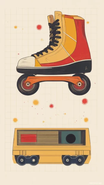 Vintage roller skate and cassette tape icons on off white grid.