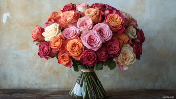 Vintage rose bouquet arranged with symmetry, warm muted colors and subtle textures.