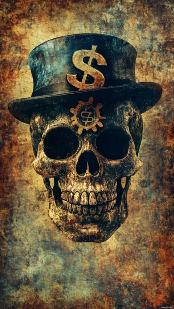 Vintage skull, tilted fedora, dollar signs in eyes, gritty textured background.