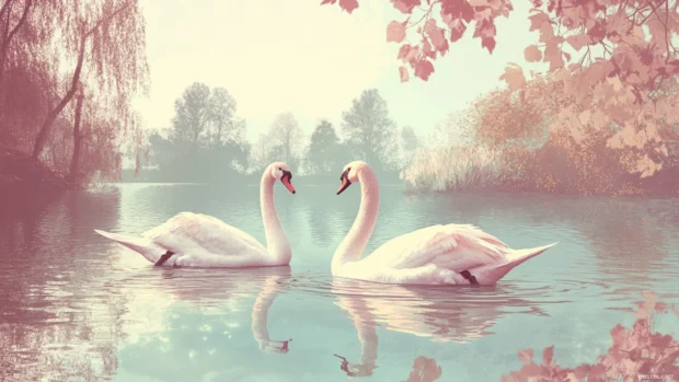 Vintage style illustration of Swans in a park lake, retro inspired Swans PC Wallpapers.