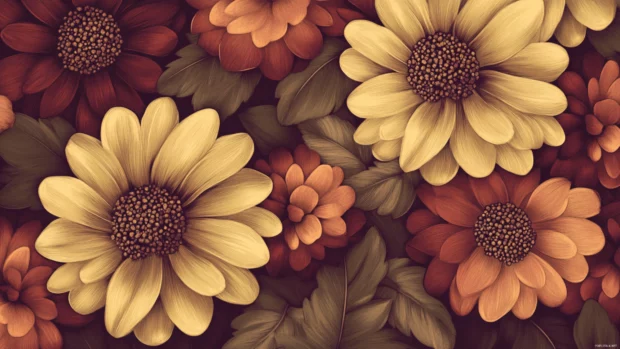 Vintage style retro floral wallpaper with large petals and earthy palettes.