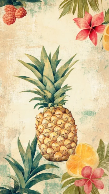 Vintage summer aesthetic pattern combining faded postcards, tropical fruit patterns, and soft sand textures.