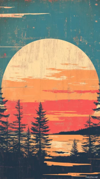 Vintage sunset design in retro wallpaper HD for desktop with grain texture.