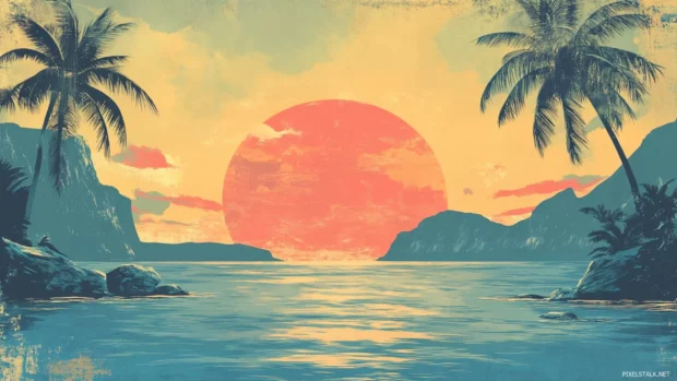 Vintage sunset landscape with retro desktop wallpapers HD style in warm hues.