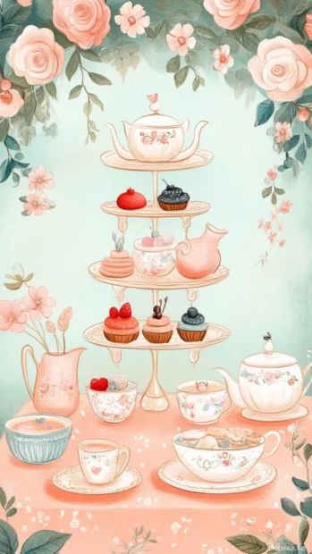 Vintage tea party setup illustrated in a cute girly wallpaper vintage style.