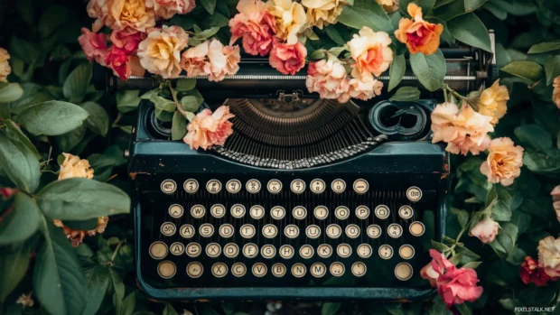 Vintage typewriter with blooming flowers.
