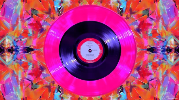 Vinyl record on turntable, vibrant colors, shapes swirl, music energy shines.
