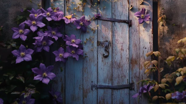 Violet clematis vines climbing a faded garden gate.