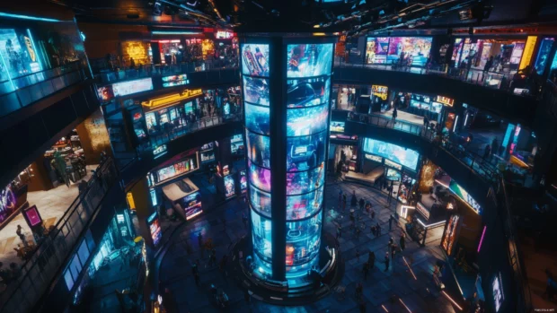 Virtual reality arcades glowing from within a high tech tower in the middle of the cyberpunk zone.