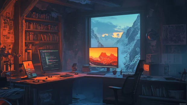 Visuals of Minimalist workspace set in a scene designed for 4K fantasy wallpapers for PC.