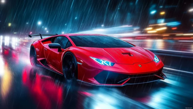 Vivid Lamborghini Wallpapers with a red Sian speeding down a neon lit expressway during heavy rain.