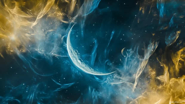 Vivid dark blue and yellow backdrop with a vibrant recreation of Van Gogh Starry Night, enhanced swirling star formations and glowing moon.
