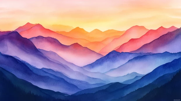 Vivid hues of sunset blending into mountains painted in soft wat.