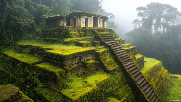 Vivid moss grows over ancient ruins lost in jungle mist.