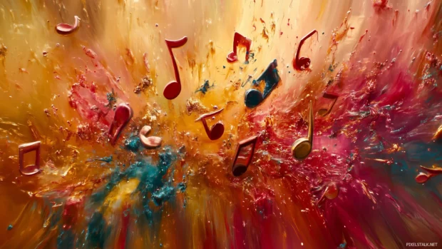 Vivid musical notes blend hues, bold strokes, artistic music representation.