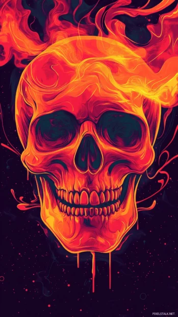 Vivid orange flames, neon skull, red glow, black backdrop.