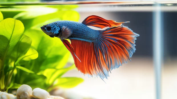 Vivid red blue betta fish, fins spread wide, mid motion capture, ripples water elegant aquarium.