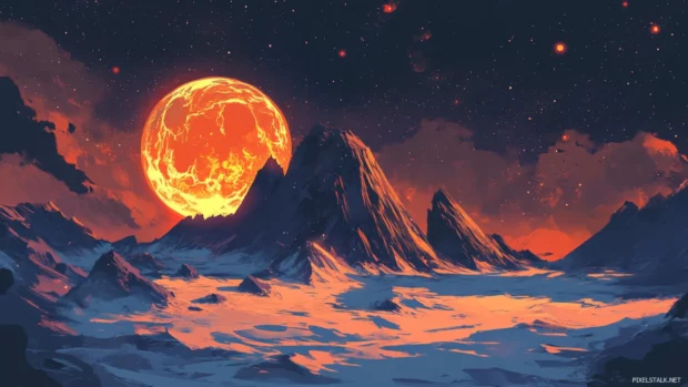Volcanic Planet drifting through starlit skies with dramatic shadows and glow.