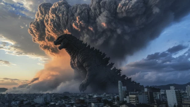 Volcanic ash clouds swirl as Godzilla roars into the sky.