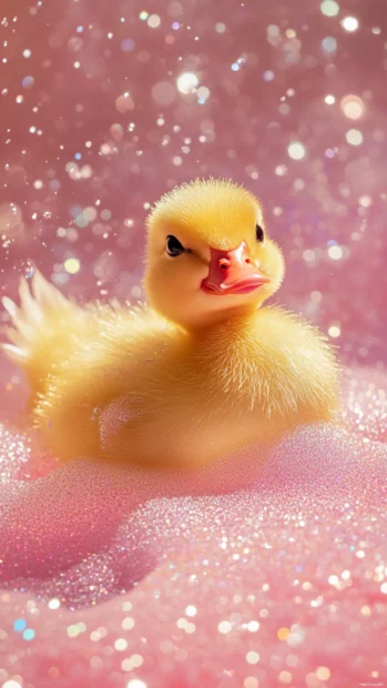 Waddling through bubbles, the duck leaves trails of glitter on the bathroom floor.