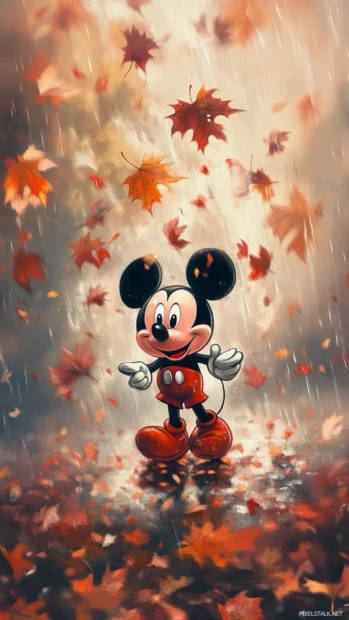 Walking calmly under a shower of falling autumn leaves, Mickey Mouse enjoys the peaceful afternoon.
