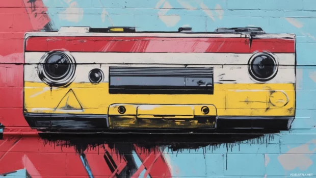 Wall mural with painted cassette tape and street slang.