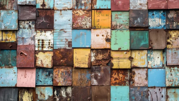 Wall of tags blending rust and pastels in a vintage graffiti wallpaper style.