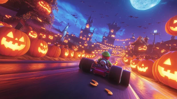 Waluigi slides past banana peels in a Halloween themed Mario Kart course full of pumpkins.
