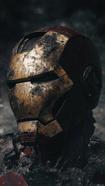 War damaged Iron Man helmet in dramatic lighting, used in dark aesthetic iPhone wallpapers.
