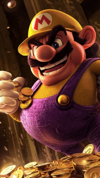 Wario greedily collecting coins, a comical Super Mario antagonist.