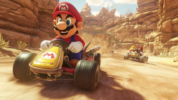 Wario grins as he overtakes Mario in a dusty canyon race in Mario Kart.