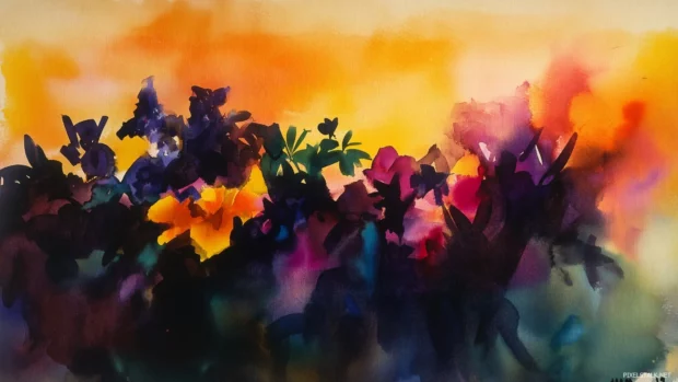 Warm orange watercolor background with vibrant, rich hues.