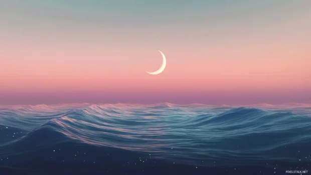 Warm pastel waves passing under simplified crescent moon.