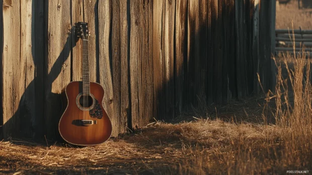 Warm toned photo of guitar leaning on barn wall.