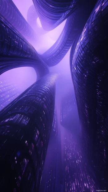 Warped geometry shifting through night fog in layered trippy architecture.
