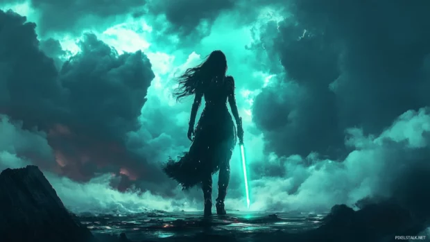 Warrior princess with glowing sword and stormy sky in stunning detail, cyberpunk anime wallpaper for laptop.