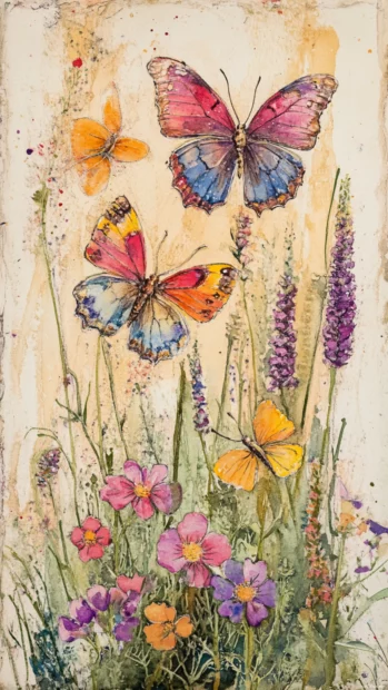 Watercolor Butterflies In A Meadow Of Vibrant Wildflowers.