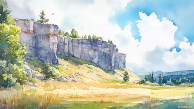 Watercolor cliffs rising sharply above a quiet meadow.