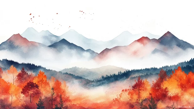 Watercolor desktop wallpaper with mountains featuring autumn foliage and rolling valleys.