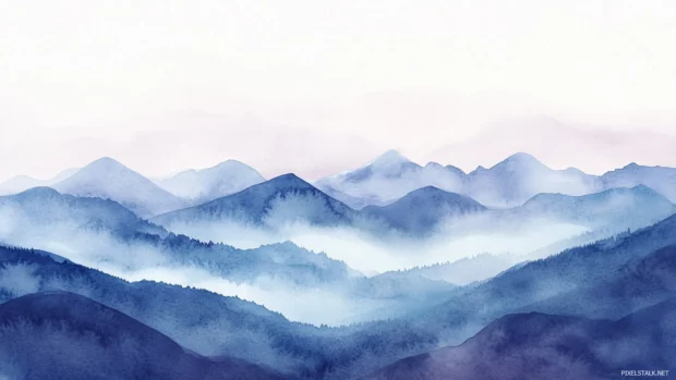 Watercolor desktop wallpaper with mountains in soft morning light and a misty valley floor.