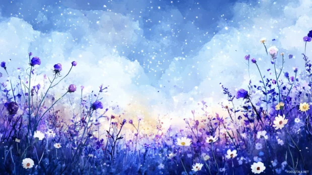 Watercolor meadows blooming under fluffy stars.