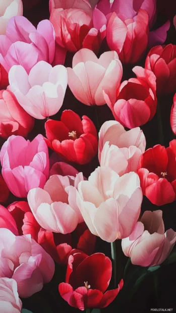 Watercolor painting of tulips in various shades of pink and red.