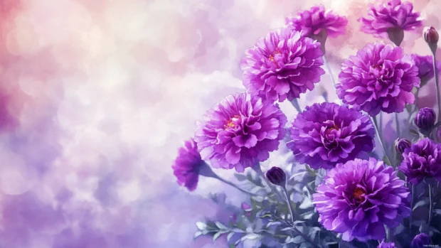 Watercolor style cluster of purple marigolds.